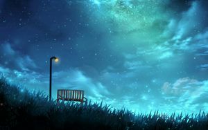 Preview wallpaper starry sky, bench, lantern, stars, night, art