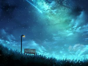 Preview wallpaper starry sky, bench, lantern, stars, night, art