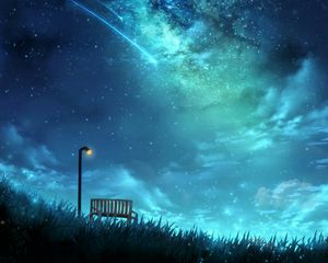 Preview wallpaper starry sky, bench, lantern, stars, night, art