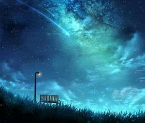 Preview wallpaper starry sky, bench, lantern, stars, night, art