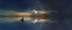 Preview wallpaper starry sky, boat, reflection, sail, night