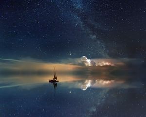 Preview wallpaper starry sky, boat, reflection, sail, night