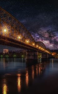 Preview wallpaper starry sky, bridge, railway, night, hdr