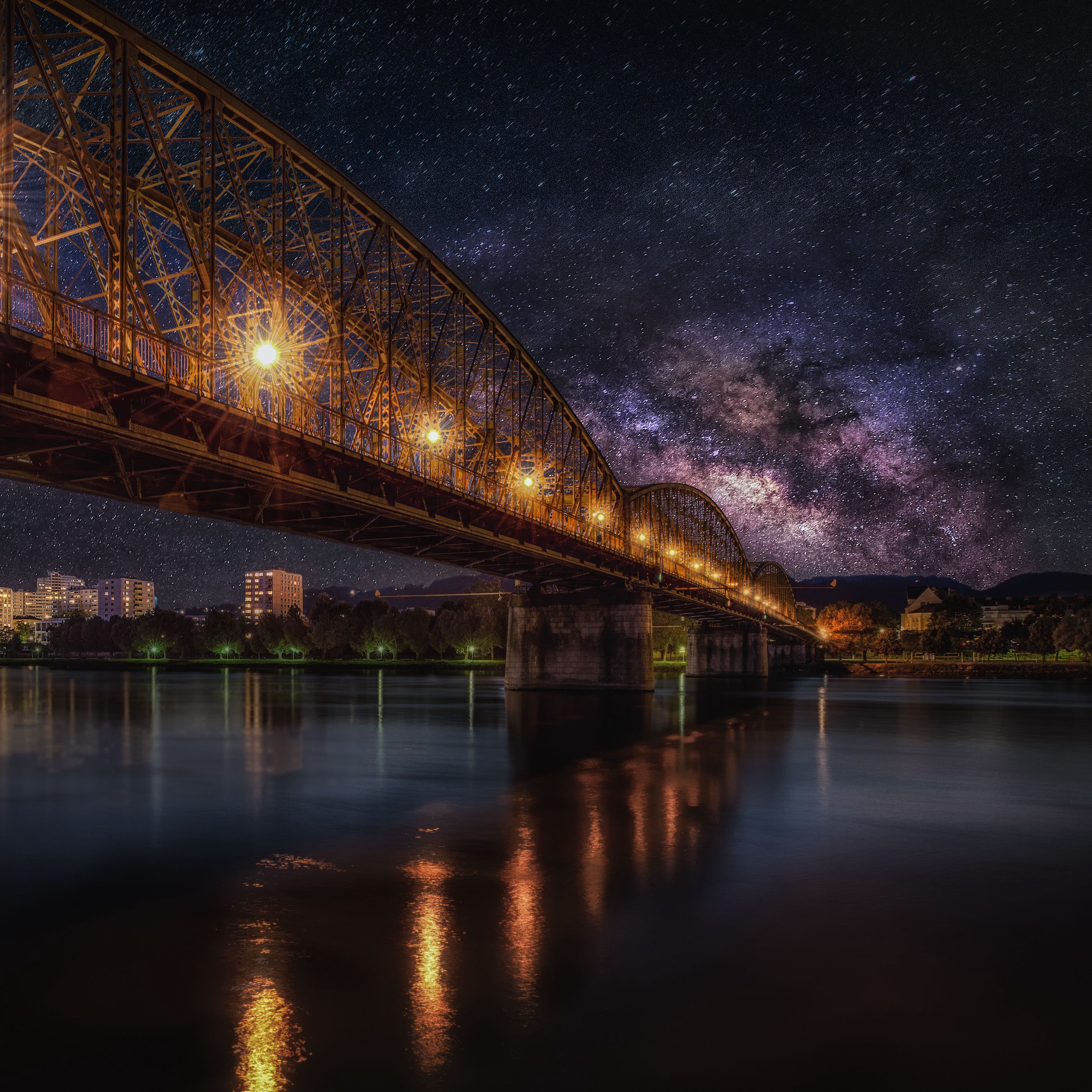 Download wallpaper 2780x2780 starry sky, bridge, railway, night, hdr