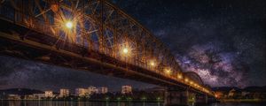 Preview wallpaper starry sky, bridge, railway, night, hdr
