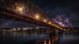 Preview wallpaper starry sky, bridge, railway, night, hdr