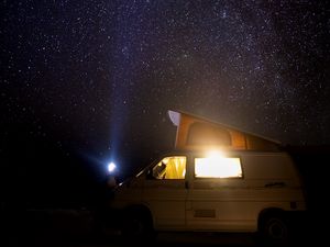 Preview wallpaper starry sky, car, night, stars, travel