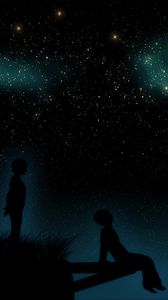 Preview wallpaper starry sky, children, silhouettes, dreamers