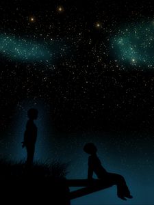 Preview wallpaper starry sky, children, silhouettes, dreamers