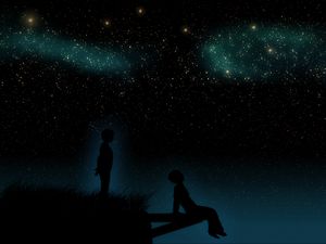 Preview wallpaper starry sky, children, silhouettes, dreamers