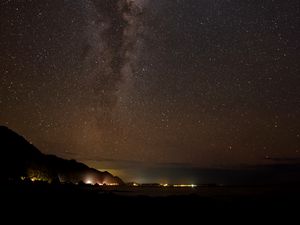 Preview wallpaper starry sky, coast, night, dark