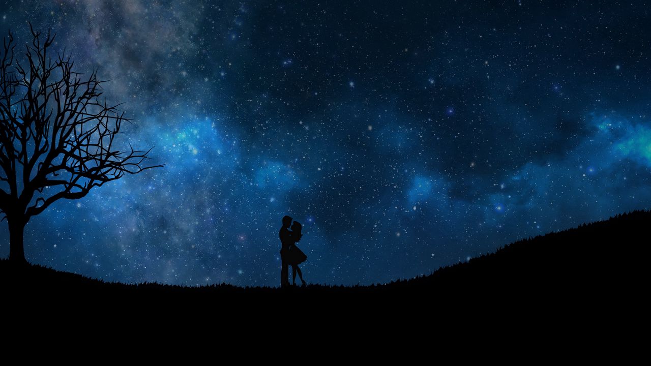 Wallpaper starry sky, couple, love, silhouettes