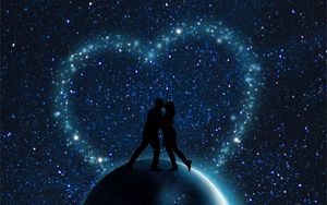 Preview wallpaper starry sky, couple, silhouettes, love, planet