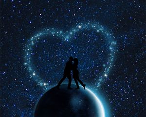 Preview wallpaper starry sky, couple, silhouettes, love, planet