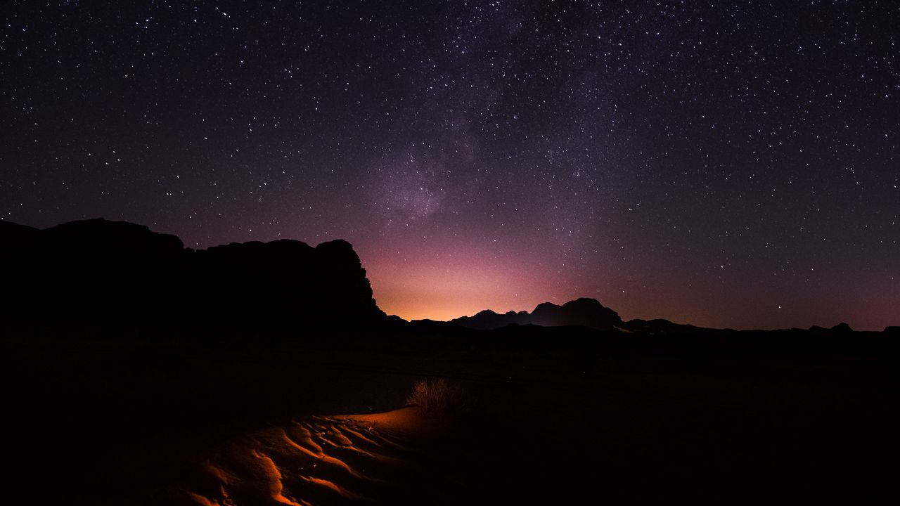 Wallpaper starry sky, desert, night, wadi rum, jordan