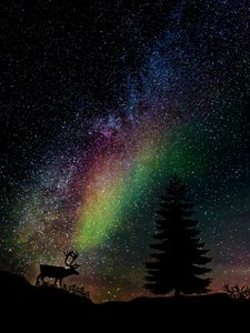 Preview wallpaper starry sky, fir, deer, photoshop