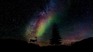 Preview wallpaper starry sky, fir, deer, photoshop
