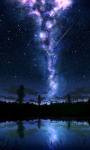 Preview wallpaper starry sky, glow, art, dark, lake, reflection