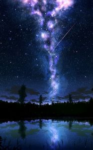 Preview wallpaper starry sky, glow, art, dark, lake, reflection