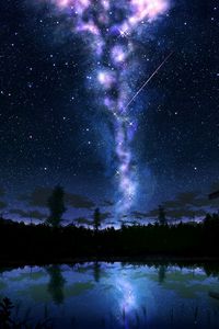 Preview wallpaper starry sky, glow, art, dark, lake, reflection