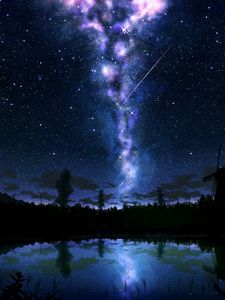 Preview wallpaper starry sky, glow, art, dark, lake, reflection