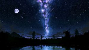 Preview wallpaper starry sky, glow, art, dark, lake, reflection