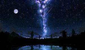 Preview wallpaper starry sky, glow, art, dark, lake, reflection