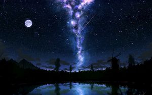 Preview wallpaper starry sky, glow, art, dark, lake, reflection
