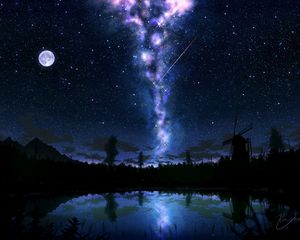 Preview wallpaper starry sky, glow, art, dark, lake, reflection