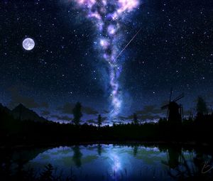 Preview wallpaper starry sky, glow, art, dark, lake, reflection