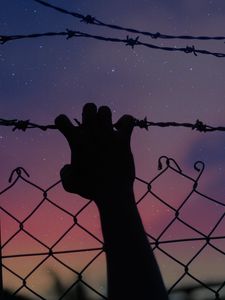 Preview wallpaper starry sky, hand, barbed wire, fence, freedom, night