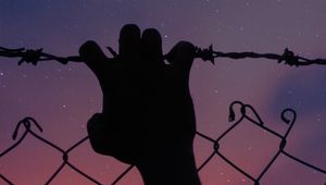 Preview wallpaper starry sky, hand, barbed wire, fence, freedom, night