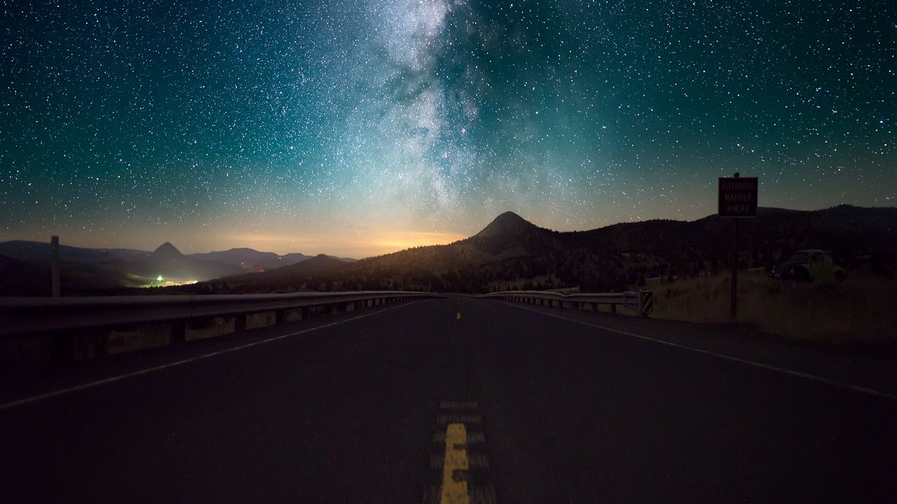 Wallpaper starry sky, horizon, night, road