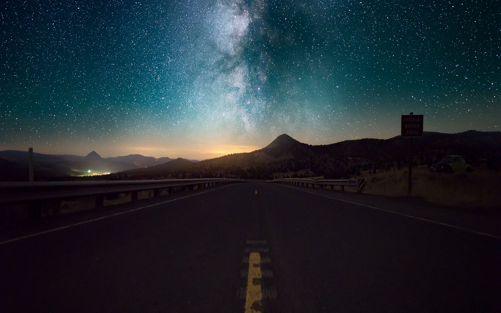 Download wallpaper 1680x1050 starry sky, horizon, night, road