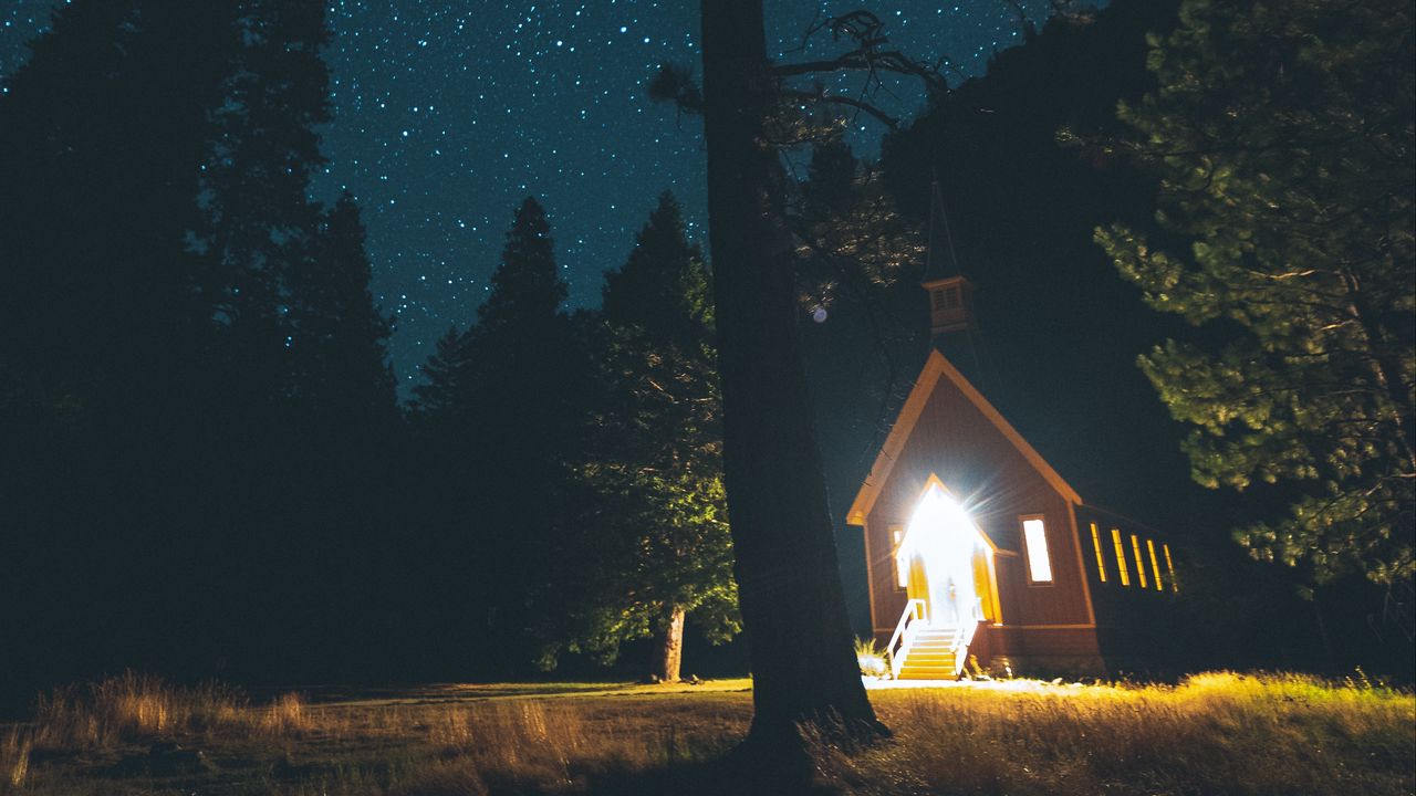 Wallpaper starry sky, house, forest, night