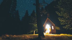 Preview wallpaper starry sky, house, forest, night