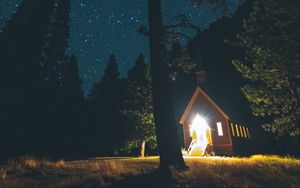 Preview wallpaper starry sky, house, forest, night