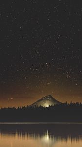 Preview wallpaper starry sky, lake, mountain, trees, night, timothy lake, united states