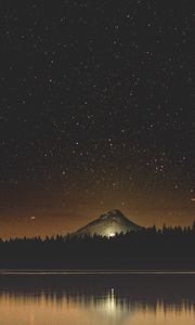 Preview wallpaper starry sky, lake, mountain, trees, night, timothy lake, united states