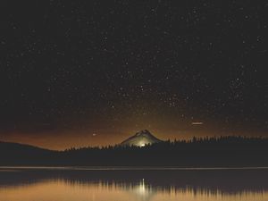 Preview wallpaper starry sky, lake, mountain, trees, night, timothy lake, united states