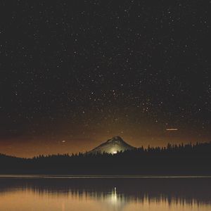 Preview wallpaper starry sky, lake, mountain, trees, night, timothy lake, united states