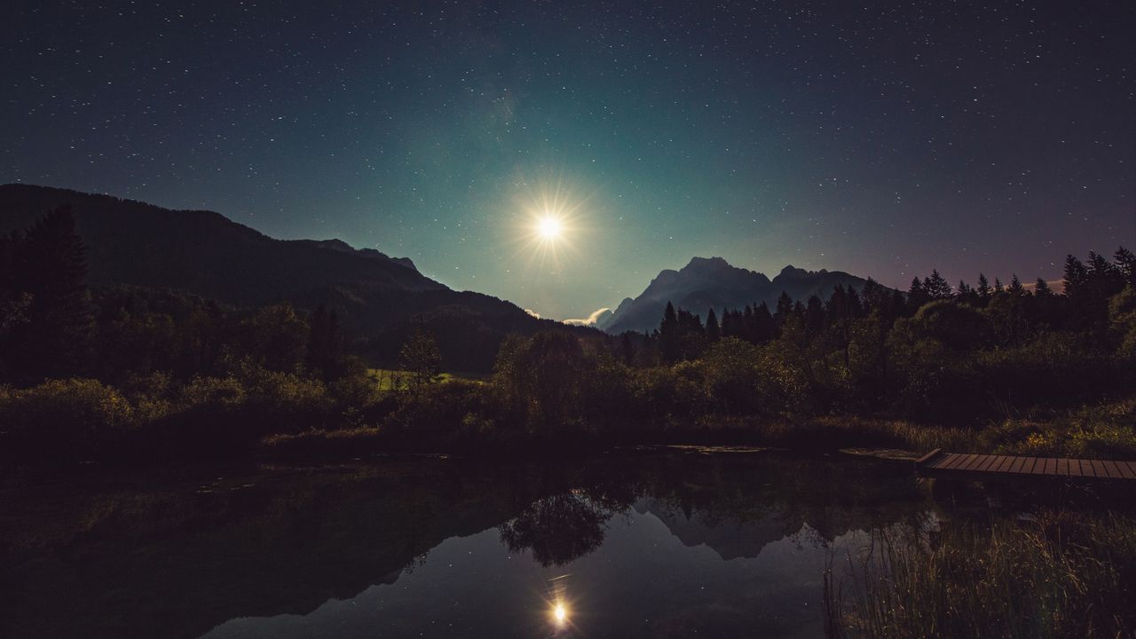 Wallpaper starry sky, lake, mountains, trees