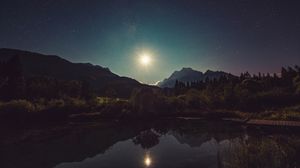 Preview wallpaper starry sky, lake, mountains, trees