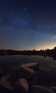 Preview wallpaper starry sky, lake, night, horizon, reflection