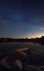 Preview wallpaper starry sky, lake, night, horizon, reflection