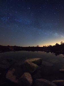 Preview wallpaper starry sky, lake, night, horizon, reflection