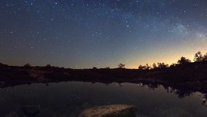 Preview wallpaper starry sky, lake, night, horizon, reflection