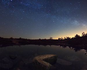 Preview wallpaper starry sky, lake, night, horizon, reflection