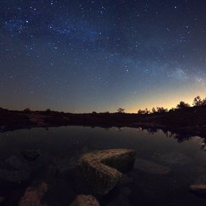 Preview wallpaper starry sky, lake, night, horizon, reflection