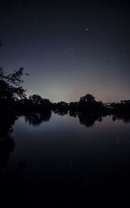 Preview wallpaper starry sky, lake, night, landscape, trees, horizon